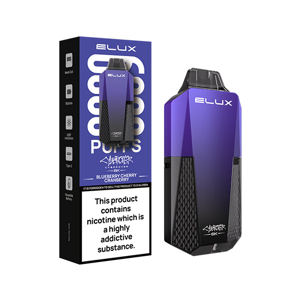Elux Cyberover Blueberry Cherry Cranberry Disposable Vape Kit, Device and packaging, Front