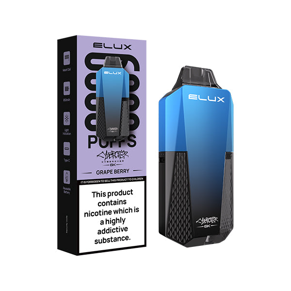 Elux Cyberover Grape Berry Disposable Vape Kit, Device and packaging, Front