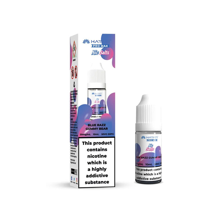 Hayati Pro Max Blue Razz Gummy Bear Nic Salt, Bottle and Packaging, Front