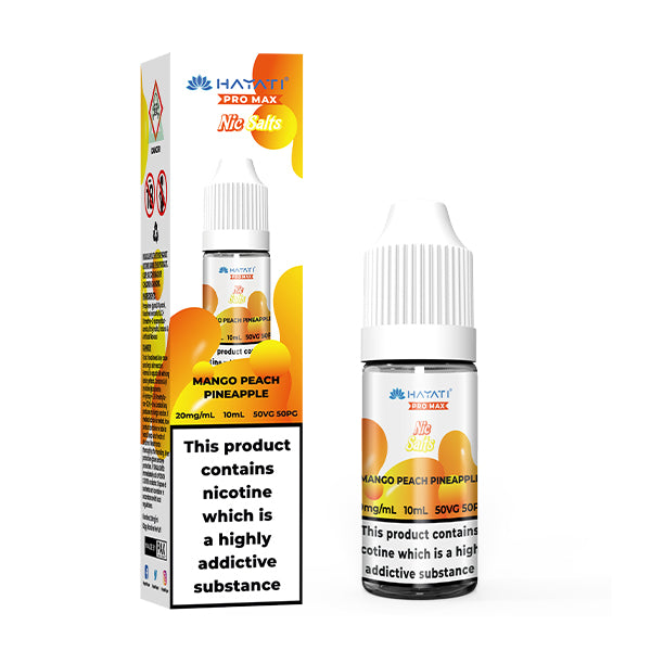 Hayati Pro Max Mango Peach Pineapple Nic Salt, Bottle and Packaging, Front