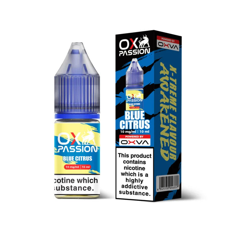 Ox Passion Blue Citrus Nic Salts By Oxva, Bottle and Packaging, Front