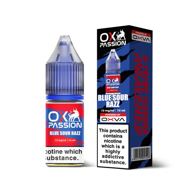Ox Passion Blue Sour Razz Nic Salts By Oxva, Bottle and Packaging, Front
