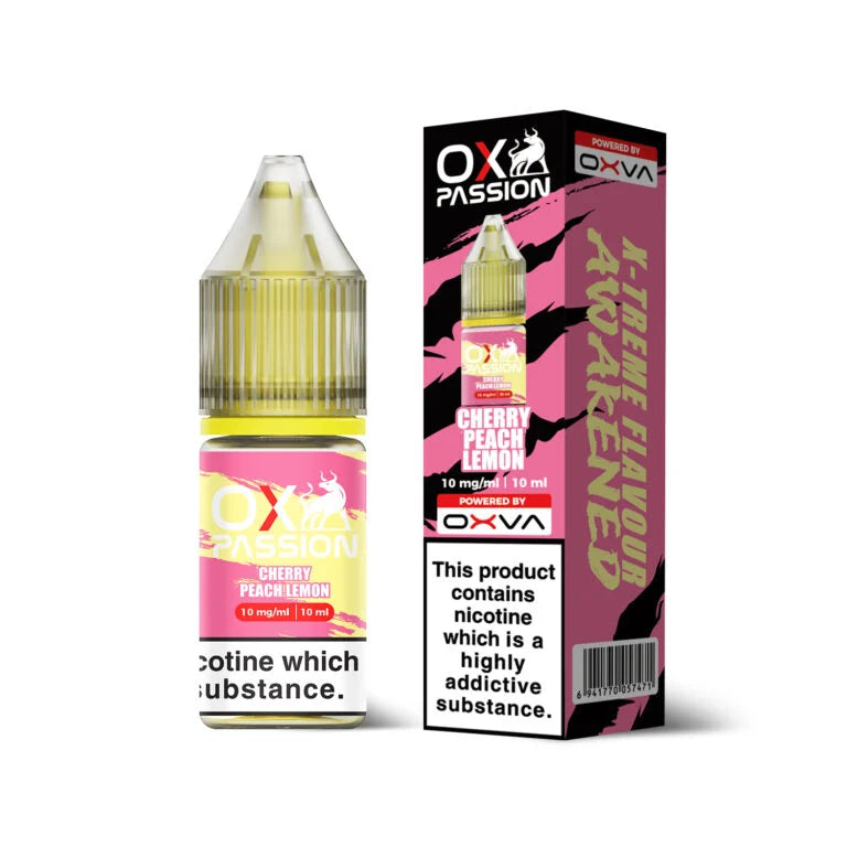 Ox Passion Cherry Peach Lemonade Nic Salts By Oxva, Bottle and Packaging, Front