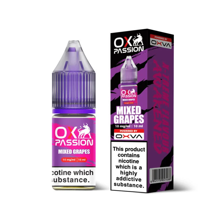 Ox Passion Mixed Grapes Nic Salts By Oxva, Bottle and Packaging, Front
