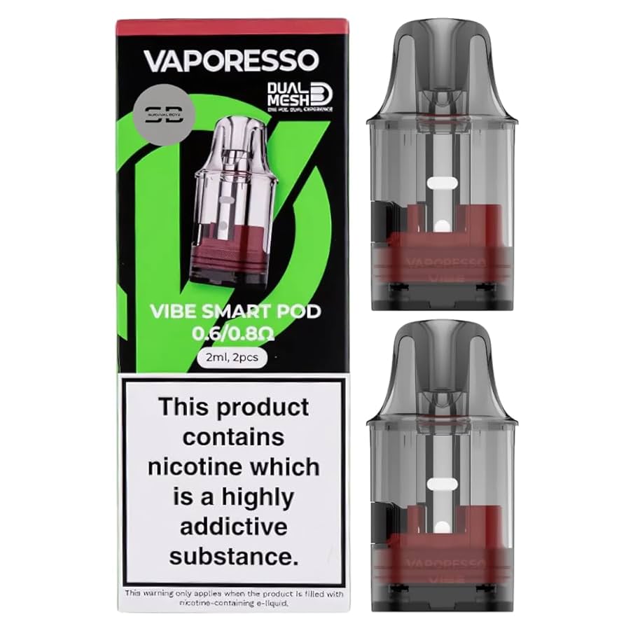 Vaporesso Vibe Smart Pod packaging with nicotine warning label on a white background