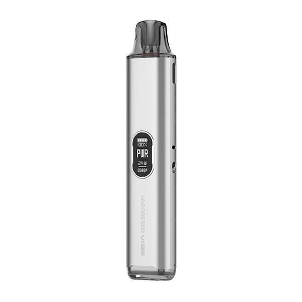 Silver vape device with digital display on a white background