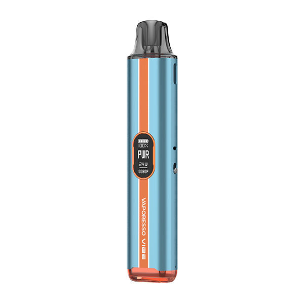 Vape device with blue and orange design on a white background
