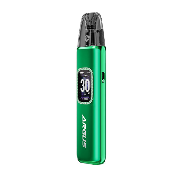 Green vape device, Voopoo Argus G3 Pod Kit, with digital display on a white background