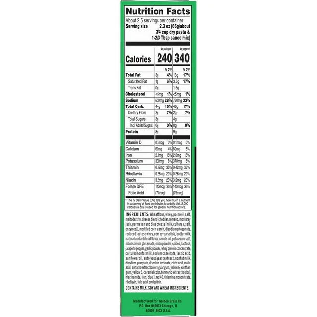 Cheetos Mac 'N Cheese, Cheesy Jalapeno Flavour, Nutrition Label