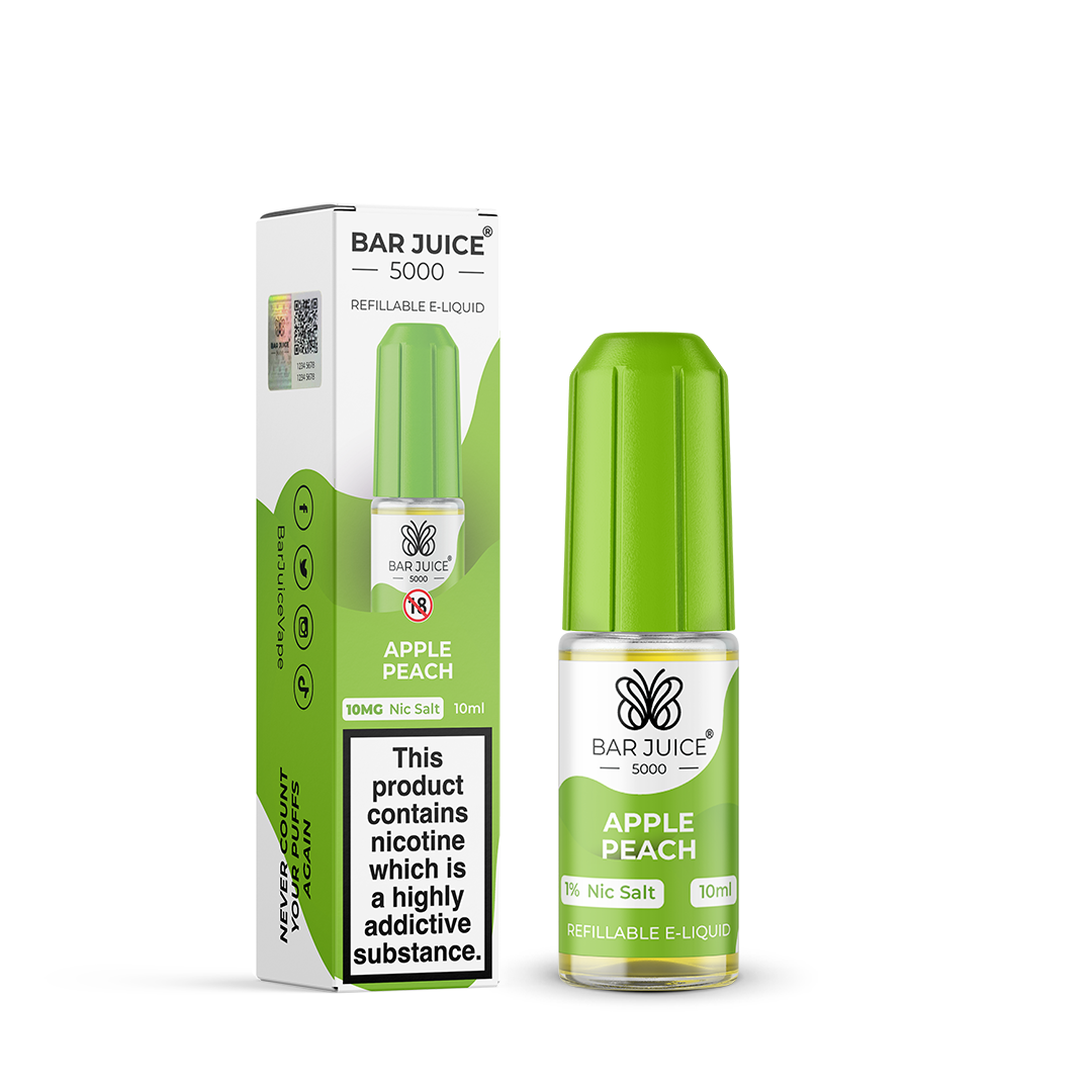 Bar Juice 5000 Apple Peach Nic Salt, Packaging and Bottle Front