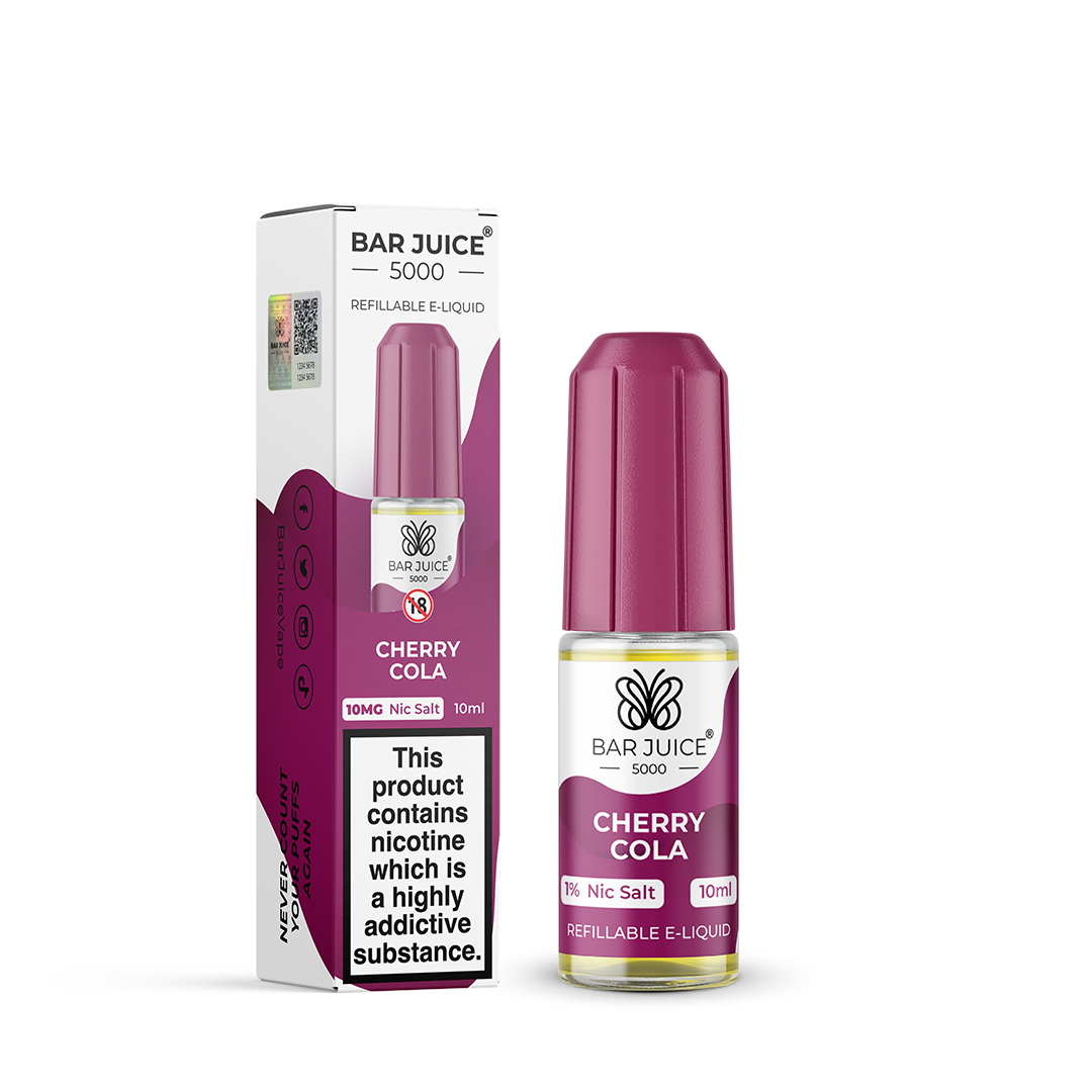 Bar Juice 5000 Cherry Cola Nic Salt, Packaging and Bottle Front