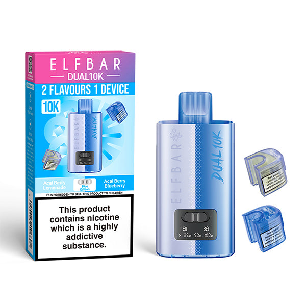 Elf Bar Dual 10K vape device and packaging on a white background