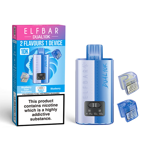 Elf Bar Dual 10K vape device and packaging on a white background