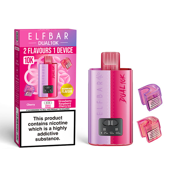 Pink ELF BAR Dual 10K vaping device with packaging on a white background