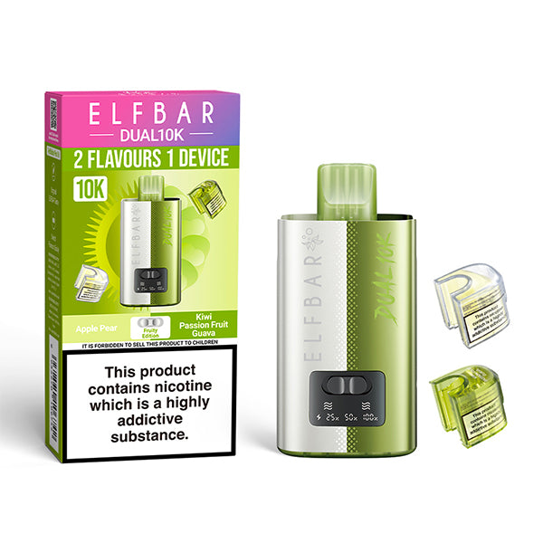 Elf Bar Dual 10K vaping device and packaging on a white background