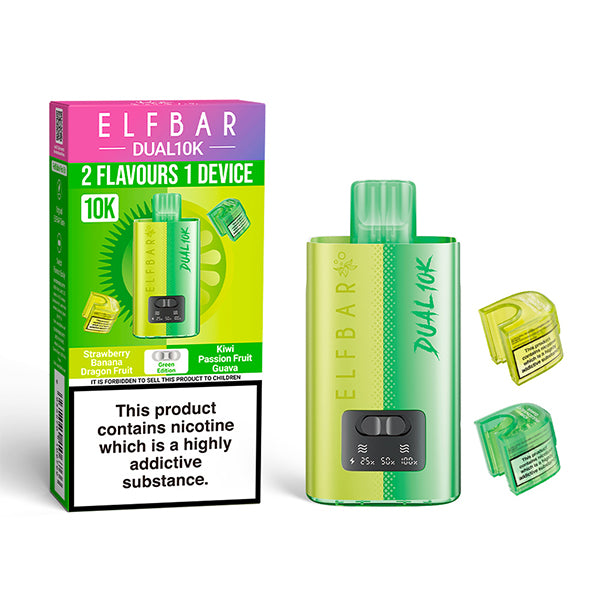 Elf Bar Dual 10K vaping device and packaging on a white background