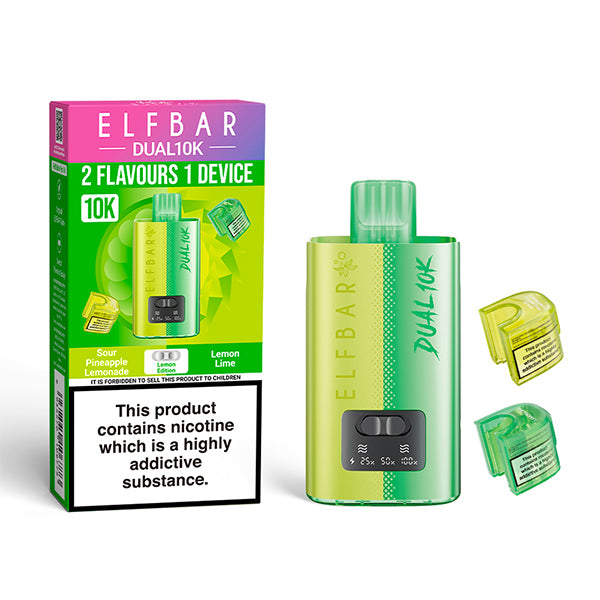 Elf Bar Dual 10K vaping device and packaging on a white background