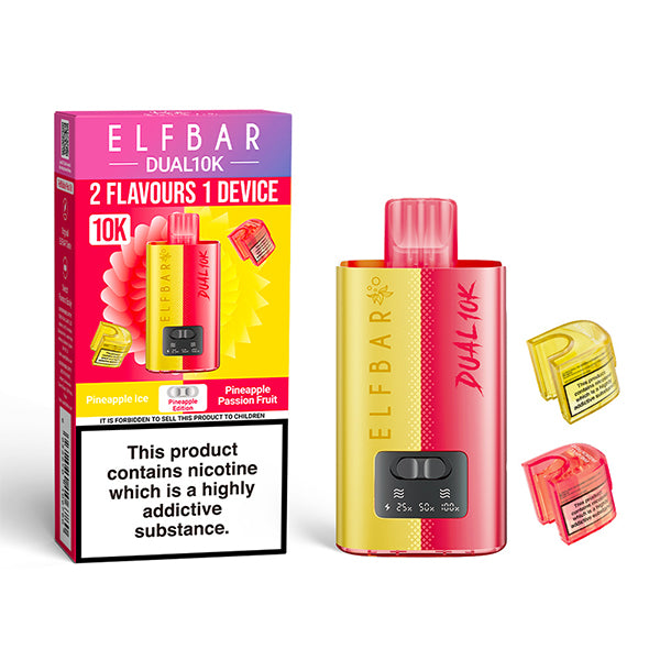 Elf Bar Dual 10K vape device and packaging on a white background