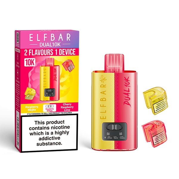Elf Bar Dual 10K vaping device and packaging on a white background