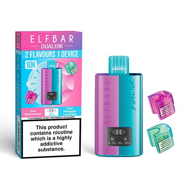 Elf Bar Dual 10K vape device and packaging on a white background