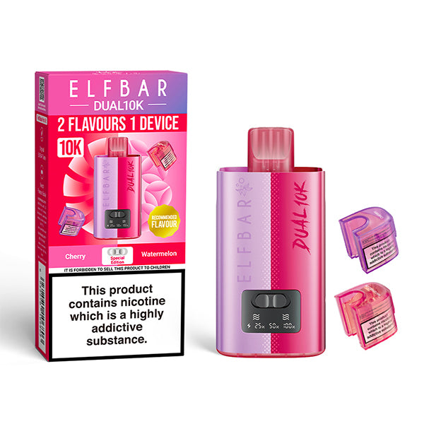 Elf Bar Dual 10K vape device and packaging on a white background