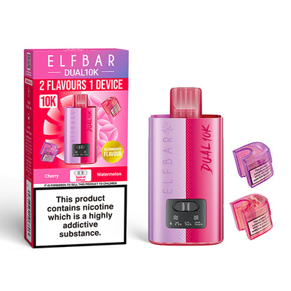 Elf Bar Dual 10K vape device and packaging on a white background