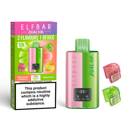 Elf Bar Dual 10K vaping device and packaging on a white background