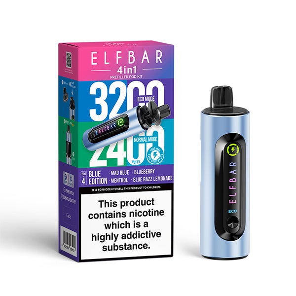Elfbar 4 In 1 Blue Edition Vape Kit, Device and packaging, Front