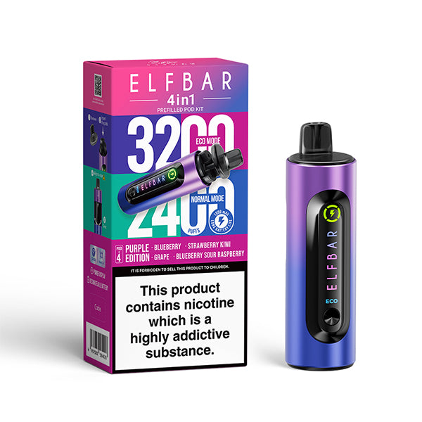 Elfbar 4 In 1 Purple Edition Edition Vape Kit, Device and packaging, Front