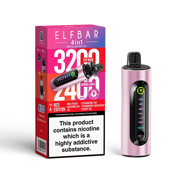 Elfbar 4 In 1 Red Edition Vape Kit, Device and packaging, Front