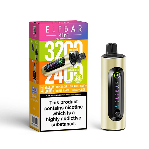 Elfbar 4 In 1 Yellow Edition Vape Kit, Device and packaging, Front