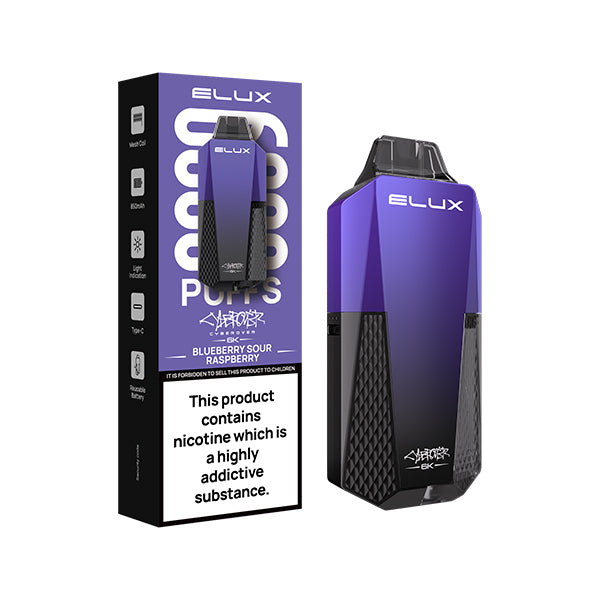 Elux Cyberover Blue Sour Raspberry Disposable Vape Kit, Device and packaging, Front