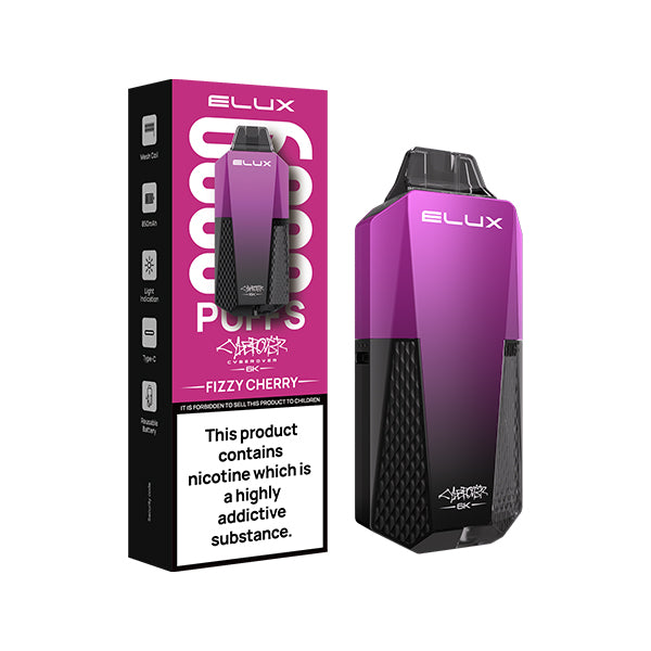 Elux Cyberover Fizzy Cherry Disposable Vape Kit, Device and packaging, Front