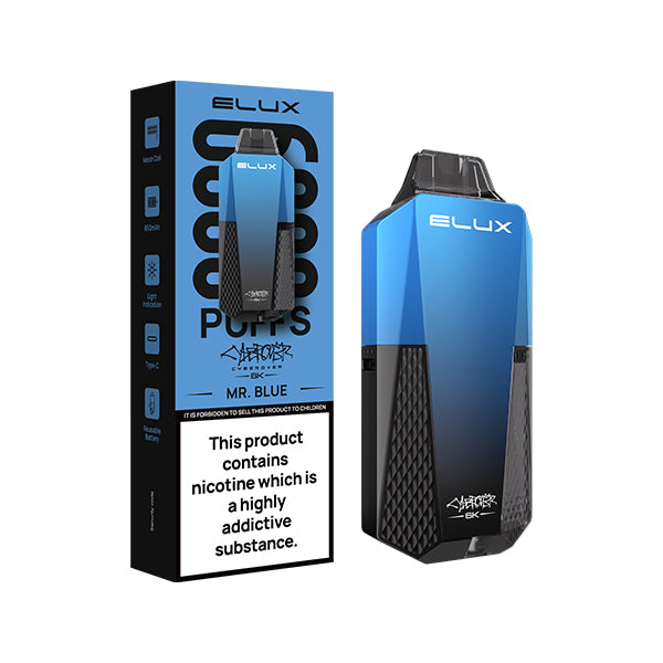Elux Cyberover Mr Blue Disposable Vape Kit, Device and packaging, Front