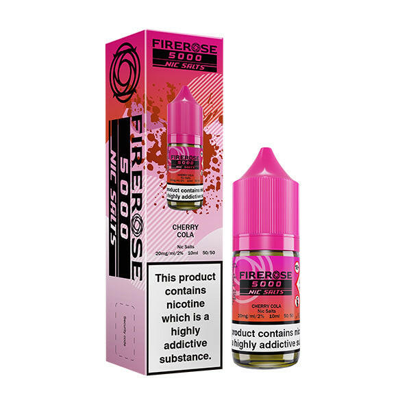 Firerose 5000 Cherry Cola Nic Salt by Elux, Packaging and Bottle Front