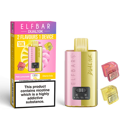 Elf Bar Dual 10K vape device and packaging on a white background