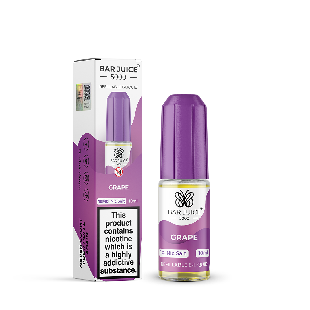 Bar Juice 5000 Grape Nic Salt, Packaging and Bottle Front