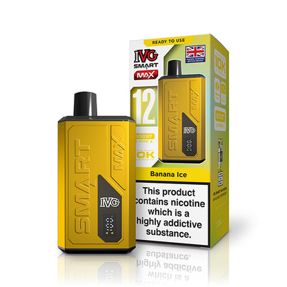 Yellow IVG vape device and packaging on a white background