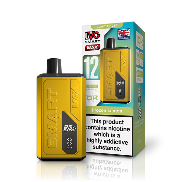 Yellow IVG vape device with packaging on a white background