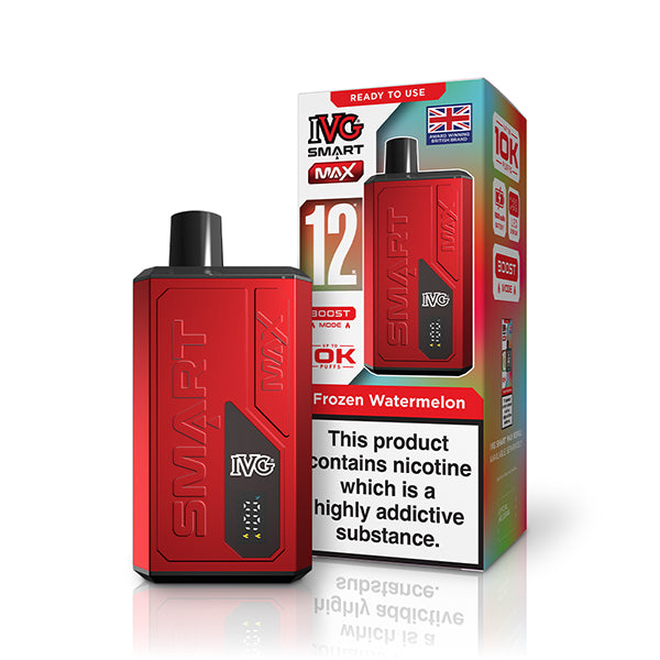 Red IVG vaping device and packaging on a white background