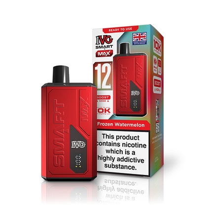 Red IVG vaping device and packaging on a white background