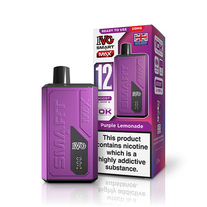 Purple vape device and packaging with IVG branding on a white background