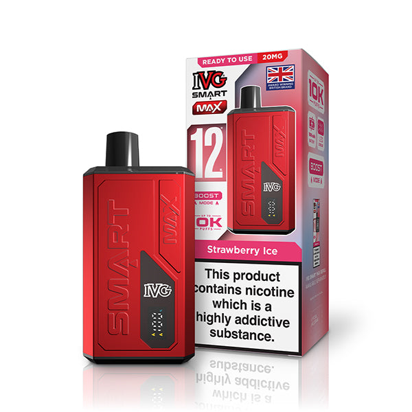 Red IVG vaping device and packaging on a white background