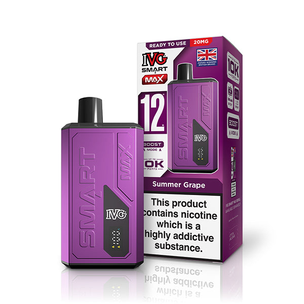 Purple IVG vape device and packaging on a white background