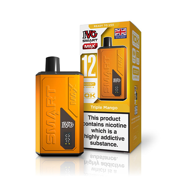 Orange IVG vape device and packaging on a white background