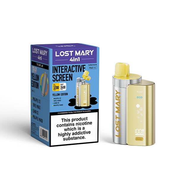 Lost Mary 4 in 1 Yellow Edition Pod Kit Vape , Device and Packaging, Front