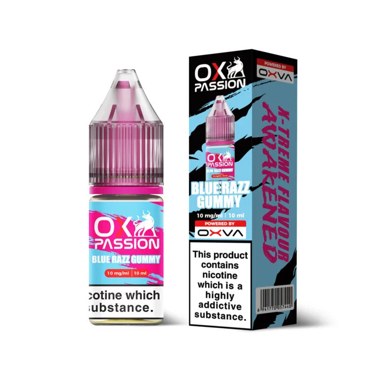 Ox Passion Blue Razz Gummy Nic Salts By Oxva, Bottle and Packaging, Front