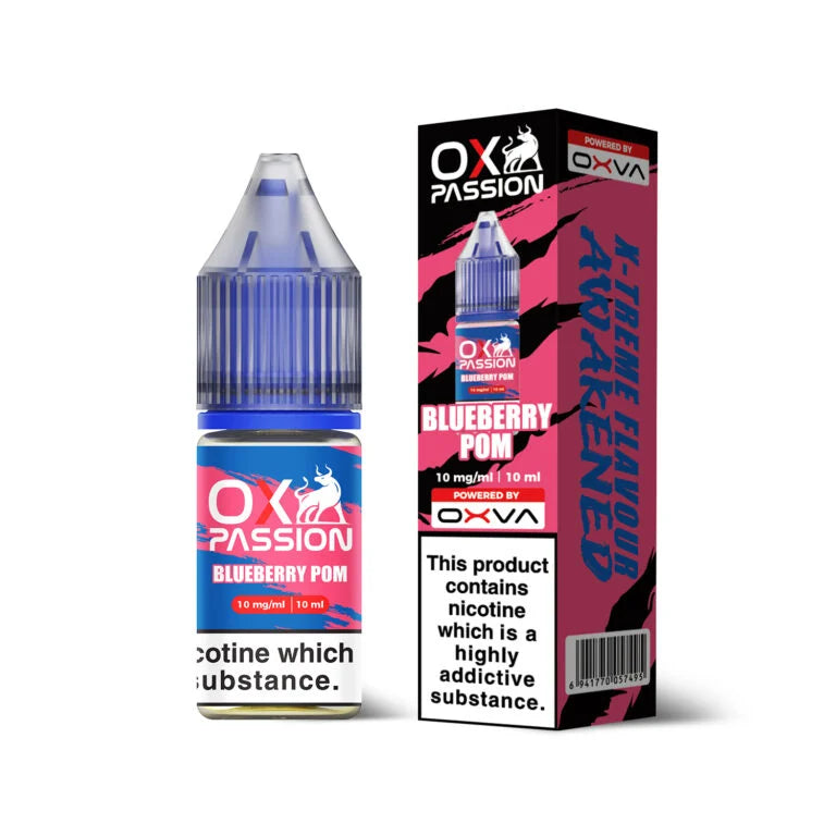 Ox Passion Blueberry Pom Nic Salts By Oxva, Bottle and Packaging, Front