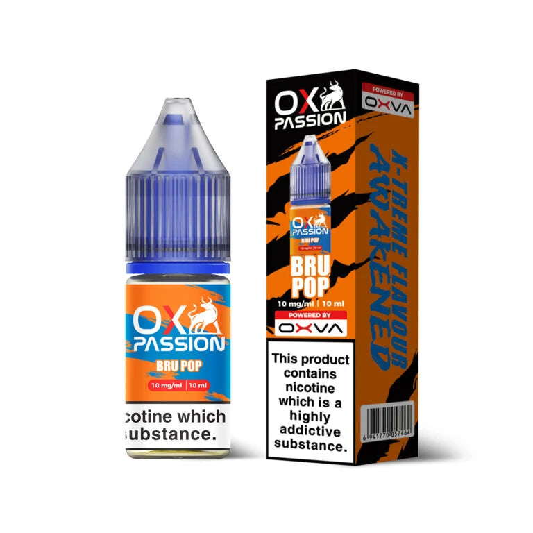 Ox Passion Bru Pop Nic Salts By Oxva, Bottle and Packaging, Front