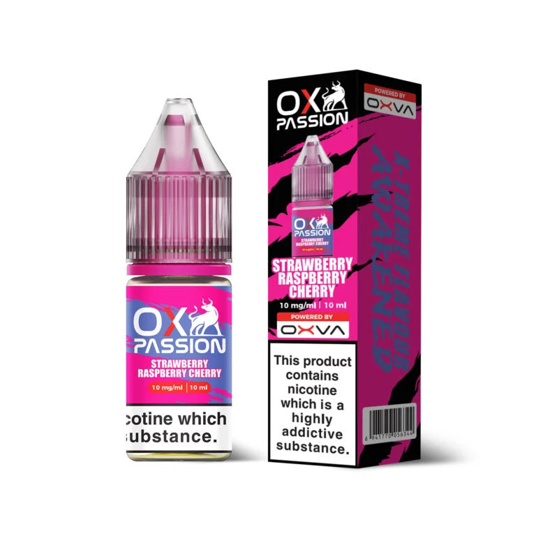 Ox Passion Strawberry Raspberry Cherry Nic Salts By Oxva, Bottle and Packaging, Front